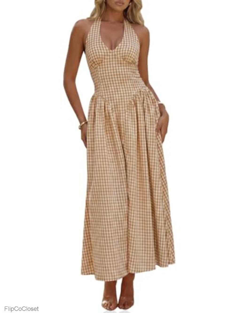 Women's Cotton Halter V-Neck Maxi Dress Sleeveless Smocked Back Pleated